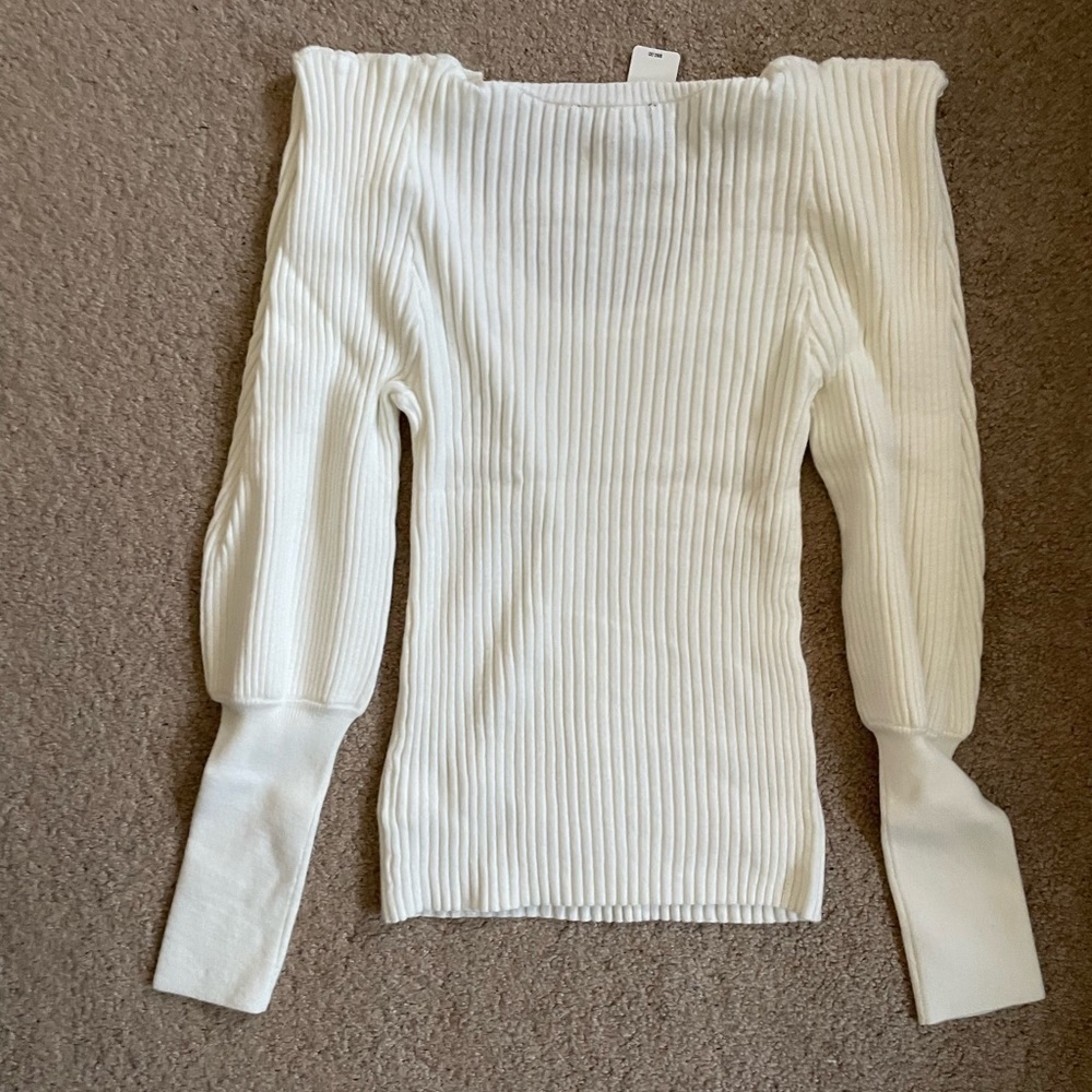 Express White Ribbed Sharp Shoulder Balloon Sleev… - image 5